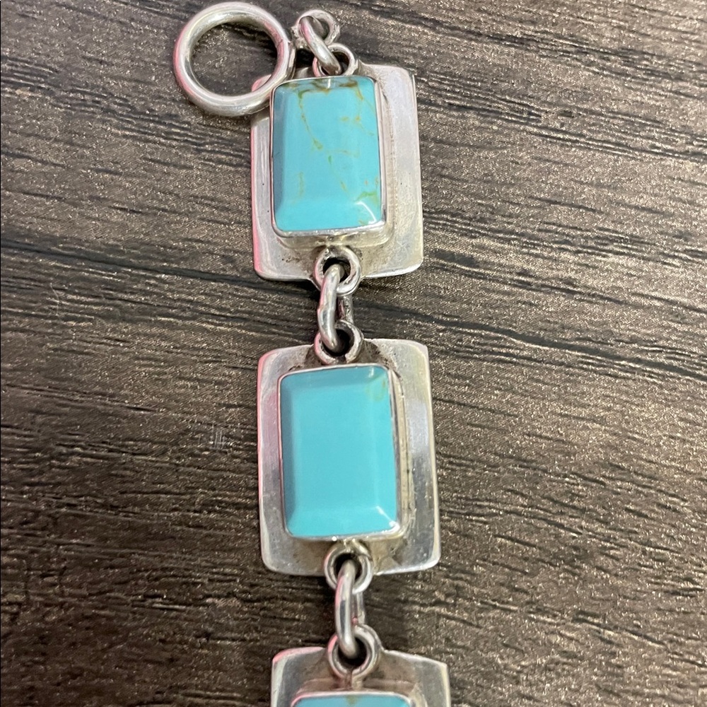 Sterling silver (925) Faux Turquoise Stone Linked Bracelet. - Picture 6 of 8
